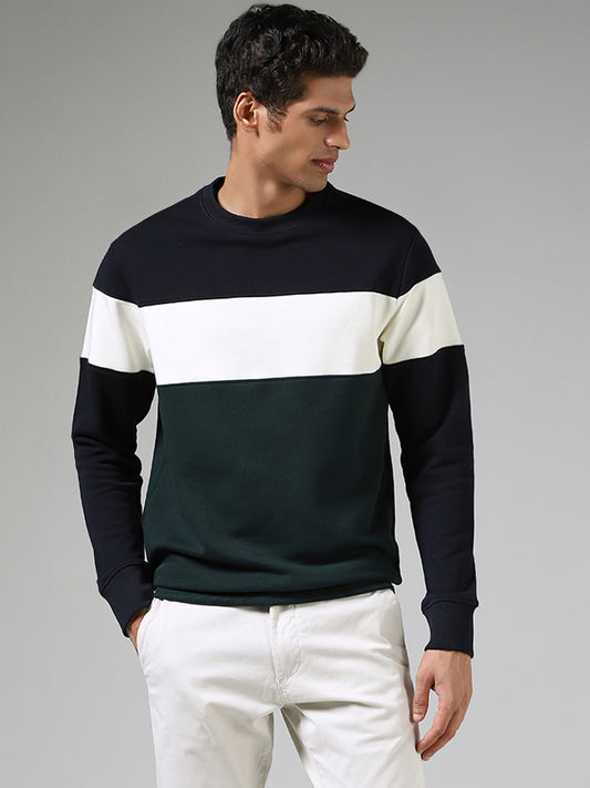 WES Casuals Navy & Emerald Green Colour Blocked Relaxed-Fit Sweatshirt