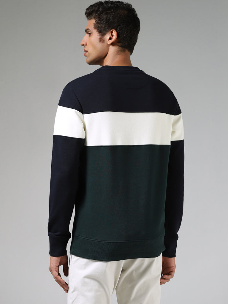 WES Casuals Navy & Emerald Green Colour Blocked Relaxed Fit Sweatshirt