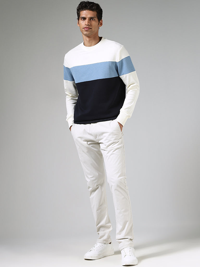 WES Casuals White & Navy Colour Blocked Relaxed Fit Sweatshirt