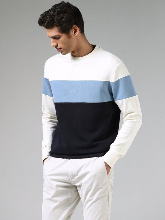 WES Casuals White & Navy Colour Blocked Relaxed-Fit Sweatshirt