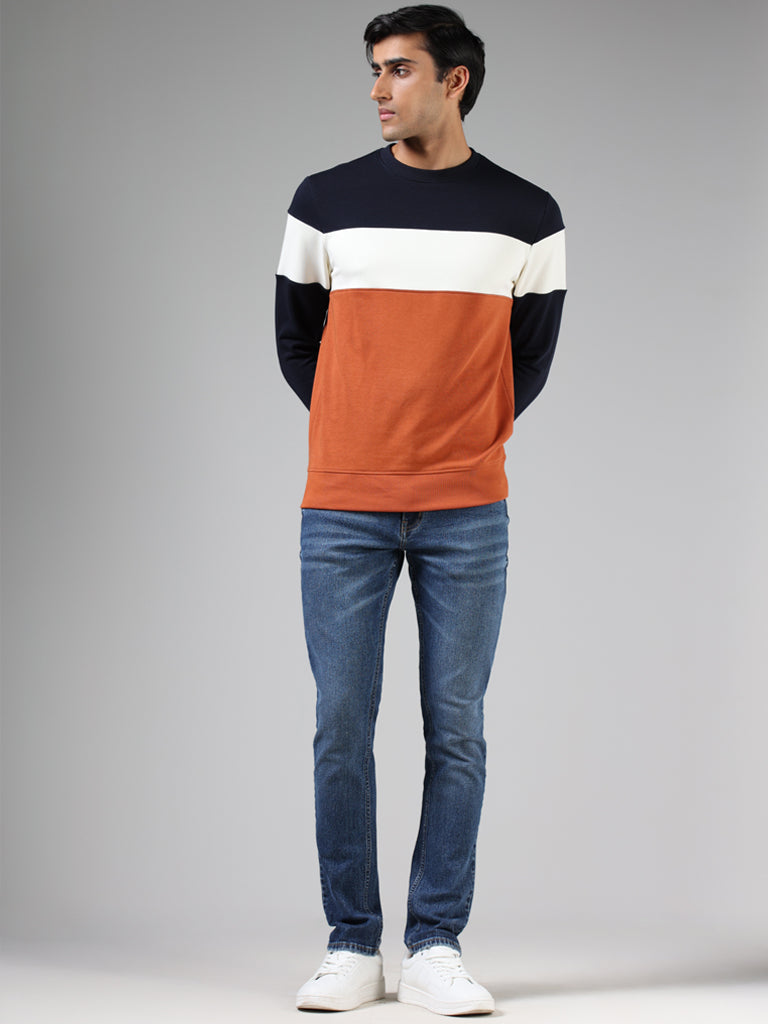 WES Casuals Navy Blue & Rust Colorblock Relaxed Fit Sweatshirt