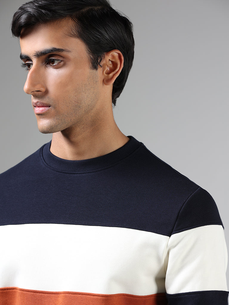 WES Casuals Navy Blue & Rust Colorblock Cotton Blend Relaxed Fit Sweatshirt