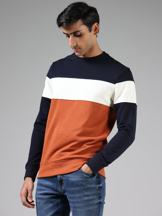 WES Casuals Navy Blue & Rust Colorblock Cotton Blend Relaxed Fit Sweatshirt