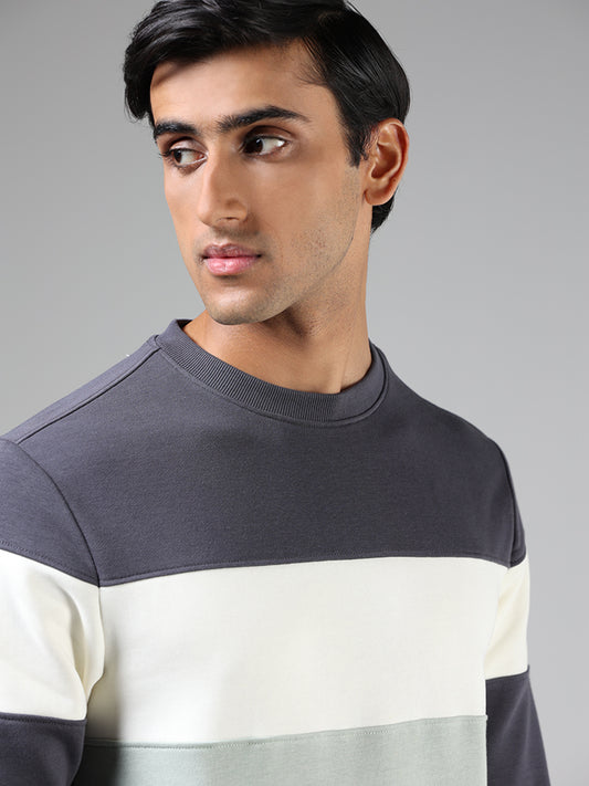 WES Casuals Charcoal & Sage Green Colorblock Cotton Blend Relaxed Fit Sweatshirt
