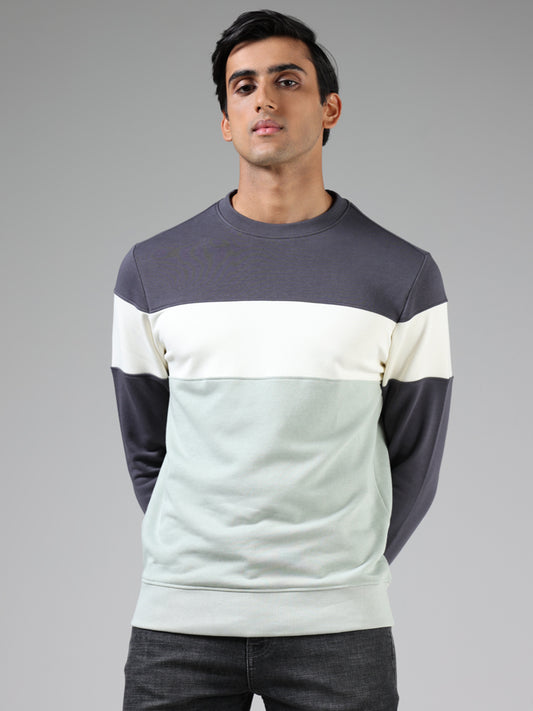 WES Casuals Charcoal & Sage Green Colorblock Relaxed Fit Sweatshirt