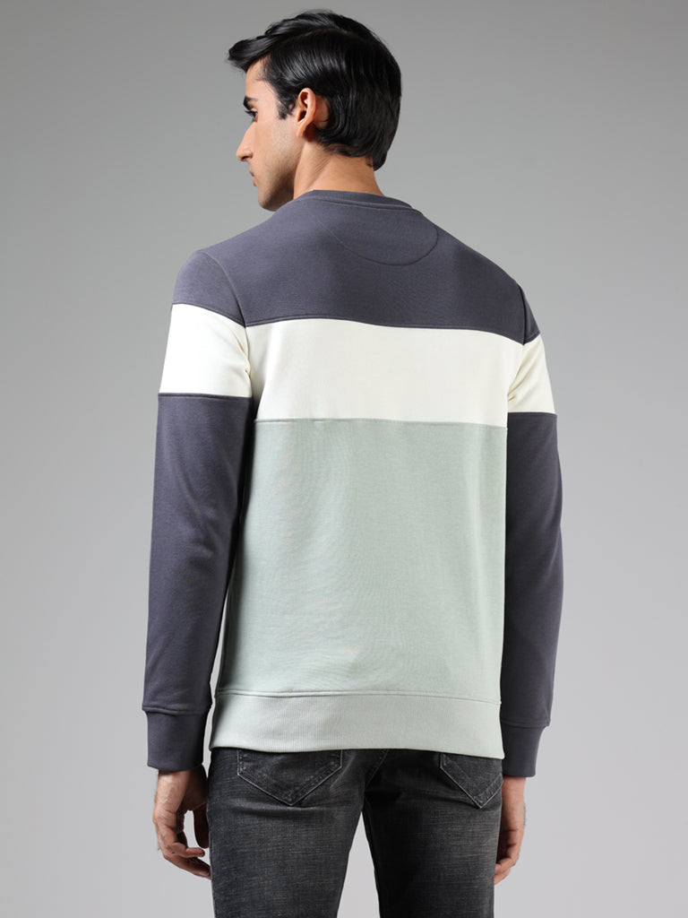 WES Casuals Charcoal & Sage Green Colorblock Cotton Blend Relaxed Fit Sweatshirt