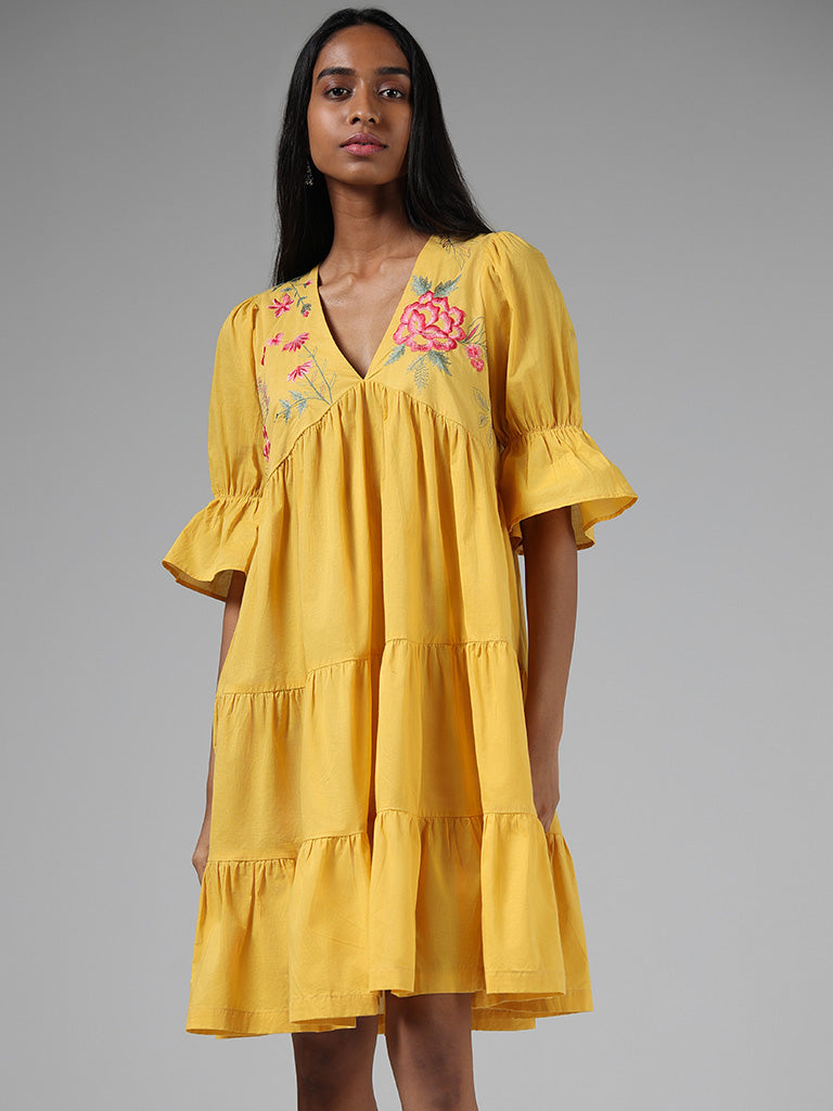 Bombay Paisley Mustard Yellow Floral Embroidery Cotton Dress