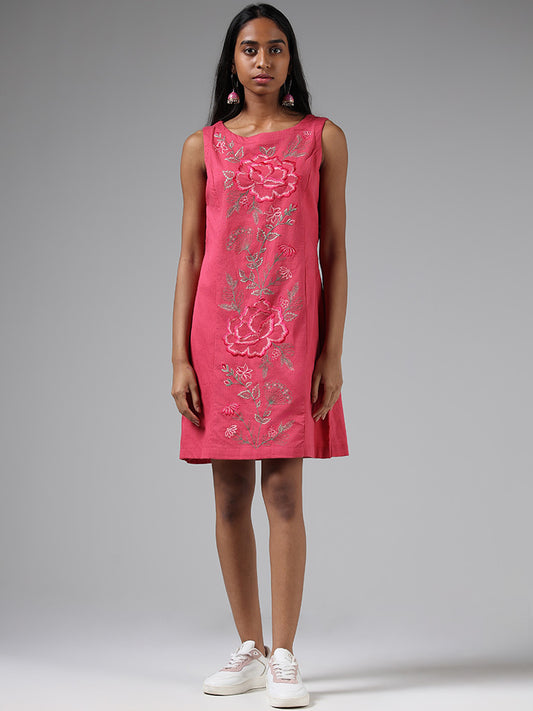Bombay Paisley Pink Floral Embroidered Blended Linen Dress