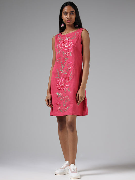 Bombay Paisley Pink Floral Embroidered Blended Linen Dress