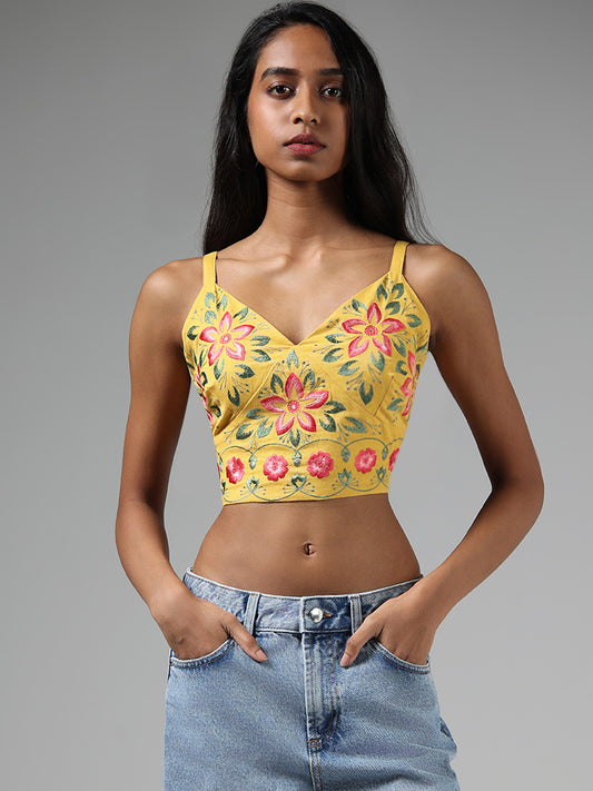 Bombay Paisley Mustard Yellow Floral Embroidered Crop Top