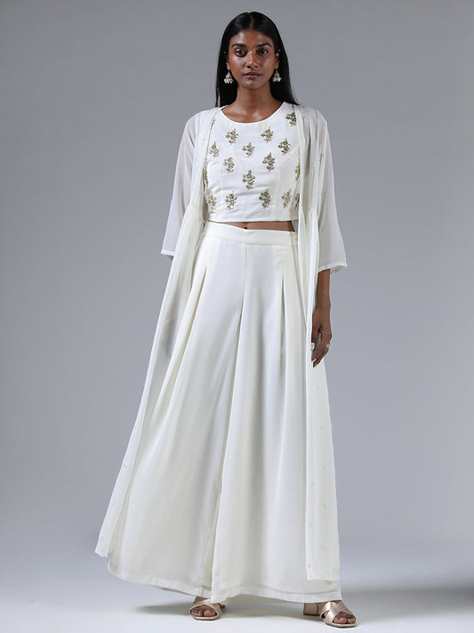 Vark Off White Zardozi Embroidered Crop Top with a Shrug and Palazzos