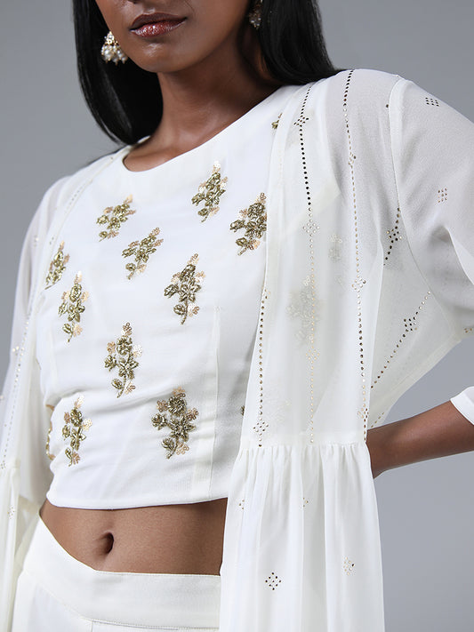 Vark Off White Zardozi Embroidered Crop Top with a Shrug and Palazzos