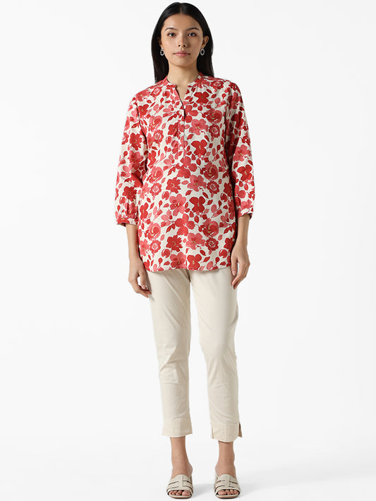 Utsa Red & White Floral Printed Straight Tunic