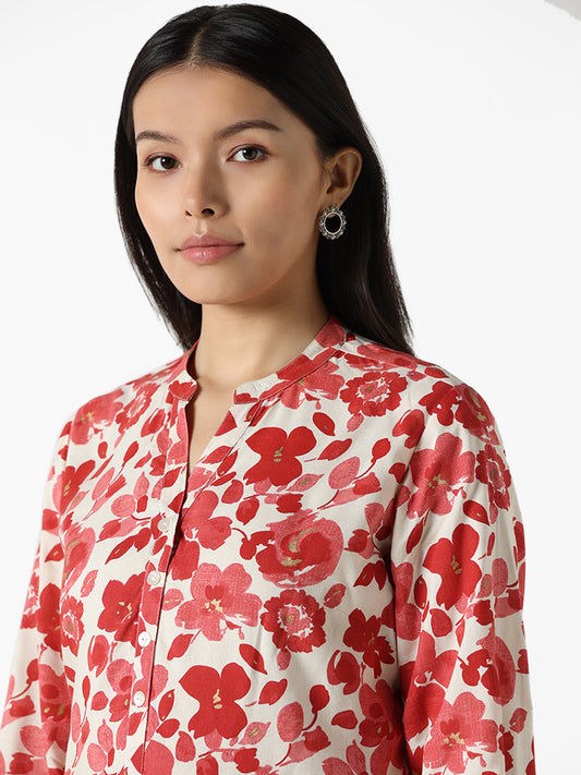 Utsa Red & White Floral Printed Straight Tunic