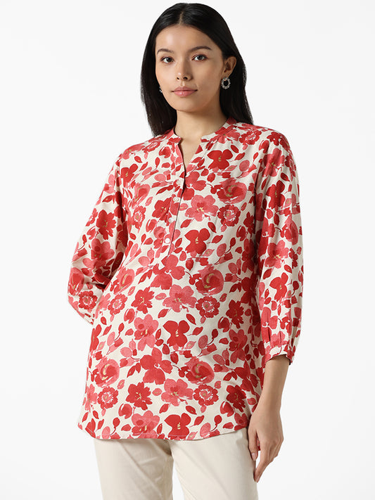 Utsa Red & White Floral Printed Straight Tunic