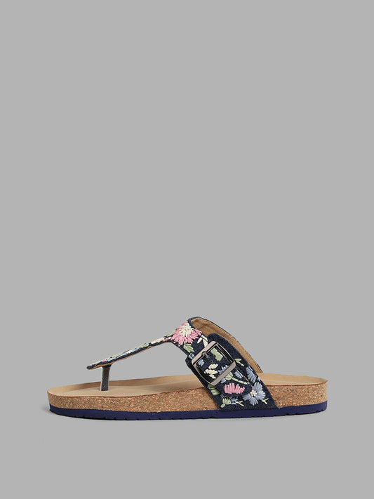 LUNA BLU Multi-coloured Floral Embroidered Comfort Slip On Sandals