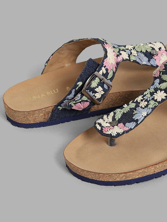 LUNA BLU Multi-coloured Floral Embroidered Comfort Slip On Sandals