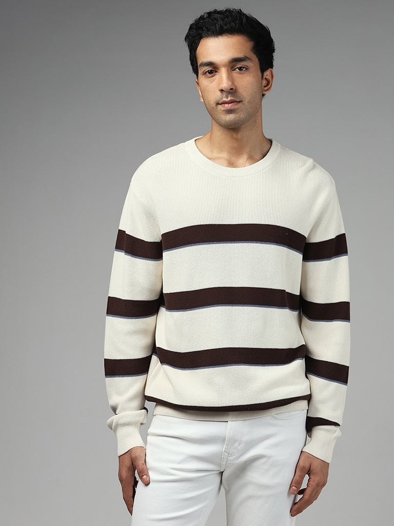 Ascot Striped Relaxed Fit Off White Sweater