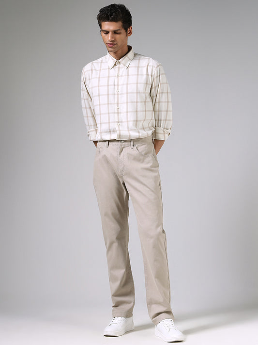 Ascot Off White and Stone Checkered Cotton Relaxed Fit Shirt