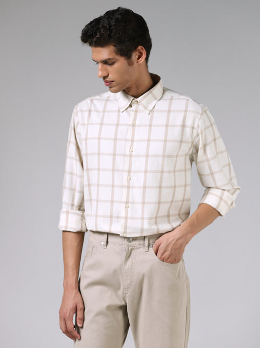 Ascot Off White and Stone Checkered Cotton Relaxed-Fit Shirt