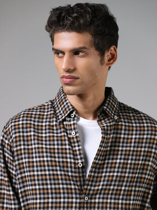 Ascot Black & Brown Checkered Cotton Relaxed-Fit Shirt