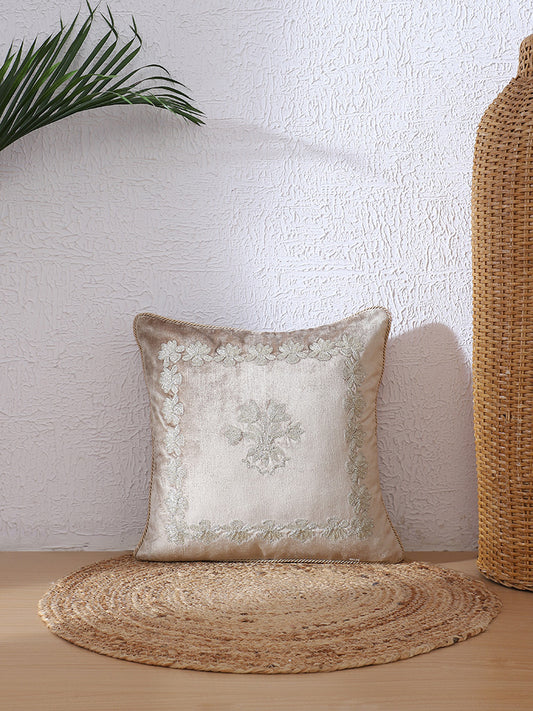 Westside Home Taupe Lotus Zari Embroidered Cushion Cover