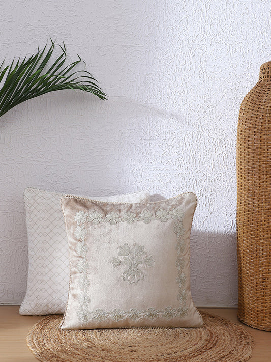 Westside Home Taupe Lotus Zari Embroidered Cushion Cover
