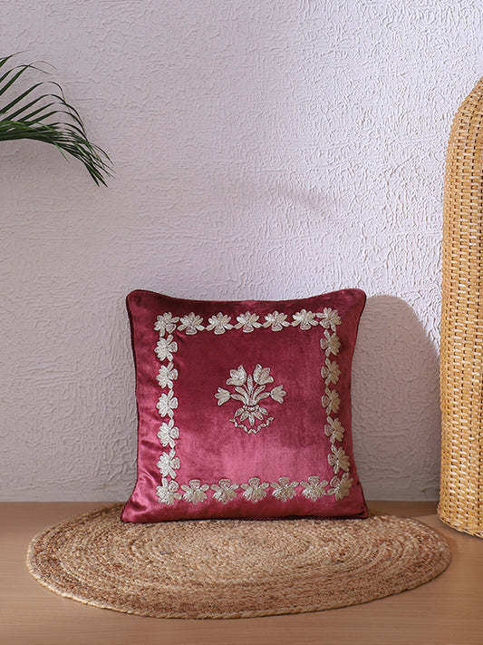 Westside Home Maroon Lotus Embroidered Cushion Cover