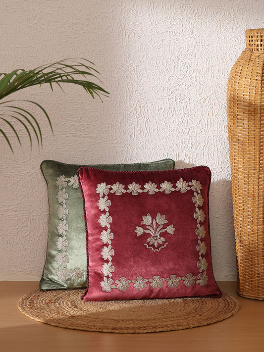 Westside Home Maroon Lotus Embroidered Cushion Cover