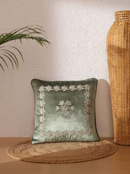 Westside Home Dark Green Lotus Embroidered Cushion Cover
