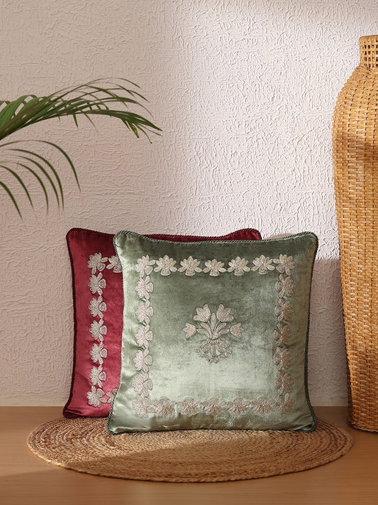 Westside Home Dark Green Lotus Embroidered Cushion Cover