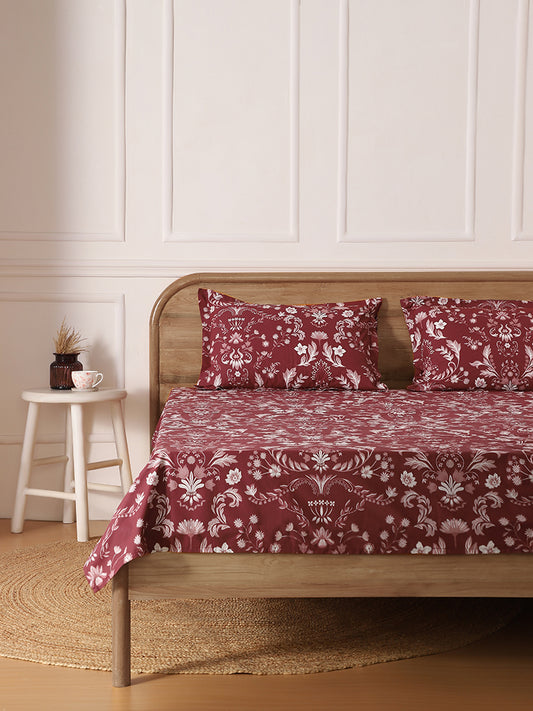 Westside Home Maroon Floral Printed Double Bed Flat sheet and Pillowcase Set
