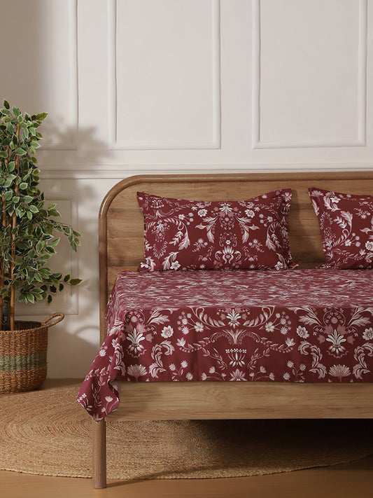 Westside Home Maroon Floral Printed King Bed Flat sheet and Pillowcase Set