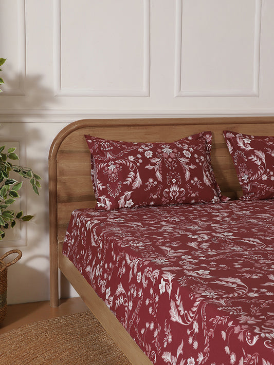 Westside Home Maroon Floral Printed King Bed Flat sheet and Pillowcase Set