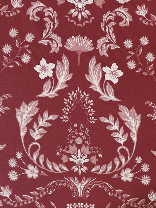 Westside Home Maroon Floral Printed King Bed Flat sheet and Pillowcase Set