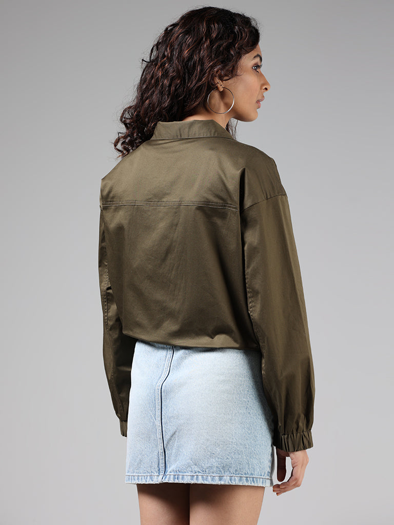 Nuon Solid Olive Green Snap-Buttoned Jacket