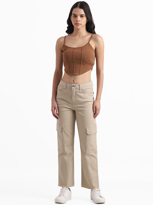 Nuon Tobacco Brown Slim Fit Crop Top