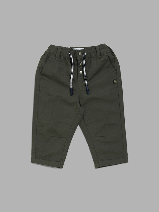 HOP Baby Solid Olive Green Button Accent Trousers