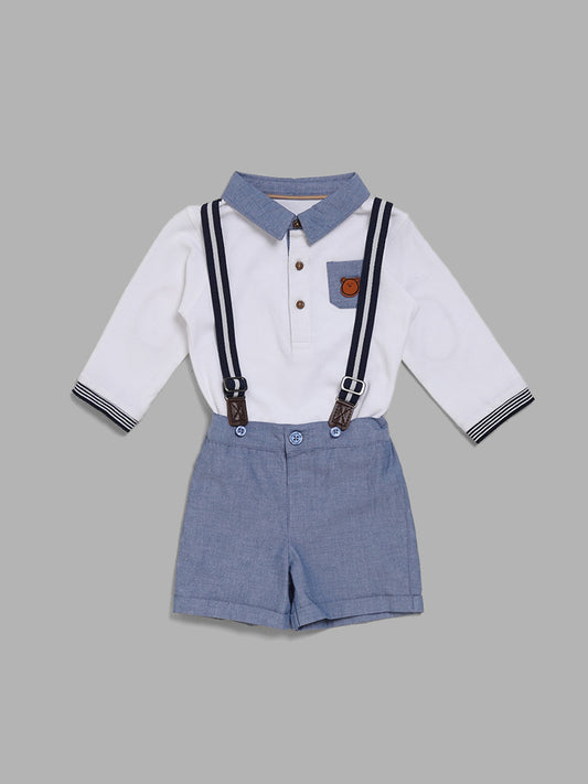 HOP Baby White Embroidered Polo T-Shirt, Shorts & Suspender Set