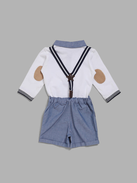 HOP Baby White Embroidered Polo T-Shirt, Shorts & Suspender Set