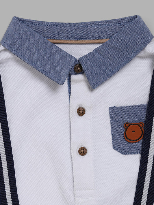 HOP Baby White Embroidered Polo T-Shirt, Shorts & Suspender Set