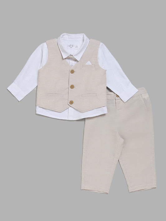 HOP Baby White Shirt & Light Beige Waistcoat with Trousers & Bow