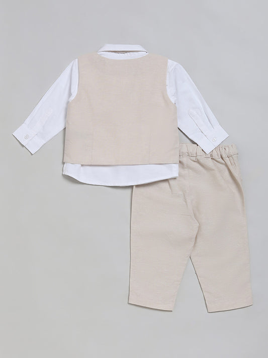 HOP Baby White Shirt & Light Beige Waistcoat with Trousers & Bow