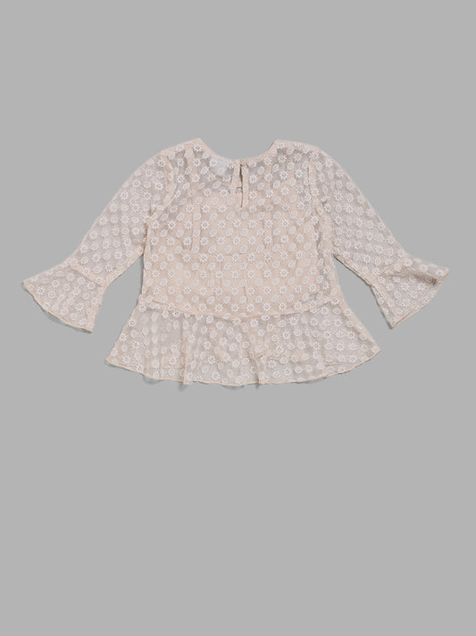 HOP Kids Beige Floral Embroidered Net Top With Inner