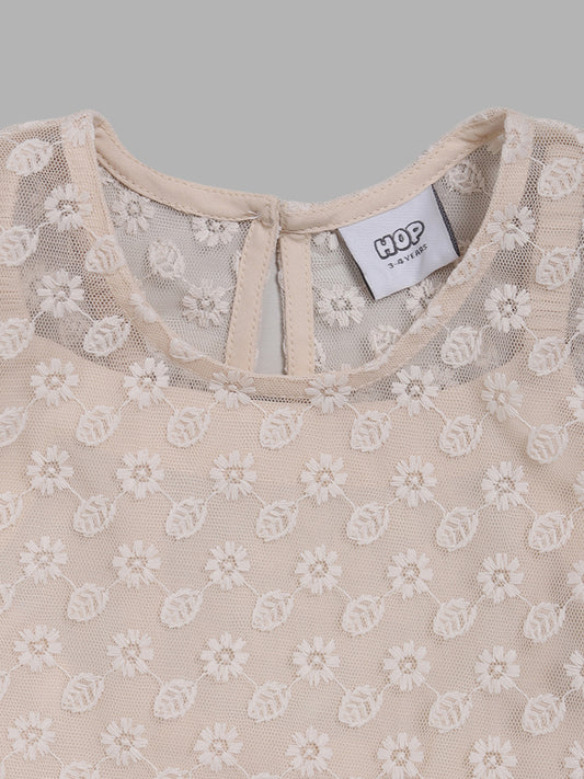 HOP Kids Beige Floral Embroidered Net Top With Inner