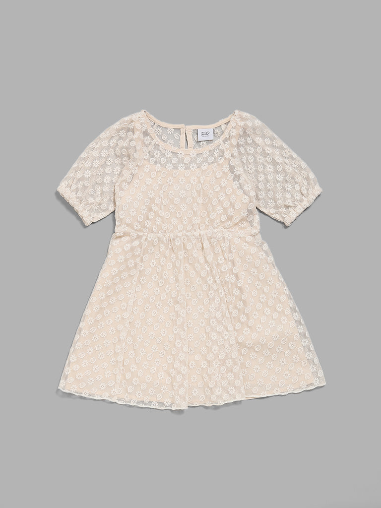 HOP Kids Beige Net Embroidered Dress with Camisole