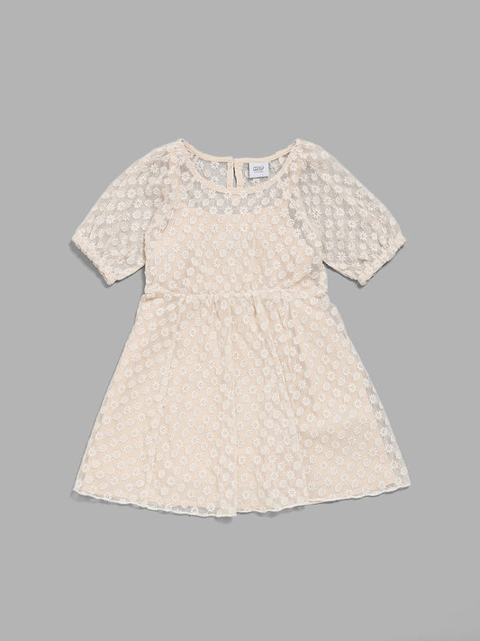 HOP Kids Beige Net Embroidered Dress with Camisole
