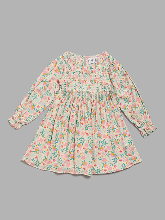 HOP Kids Floral Printed Off-White Fit & Flare Dress