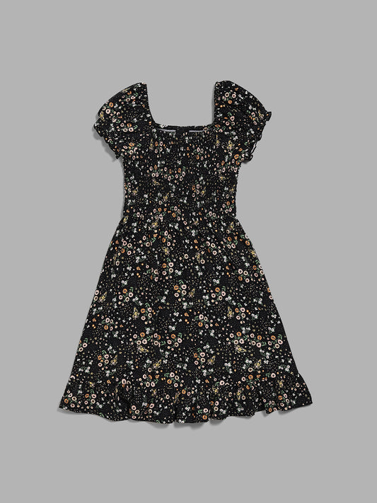 Y&F Kids Black Ditsy Floral Printed Smocked Dress