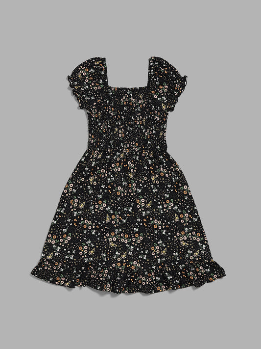 Y&F Kids Black Ditsy Floral Printed Smocked Dress